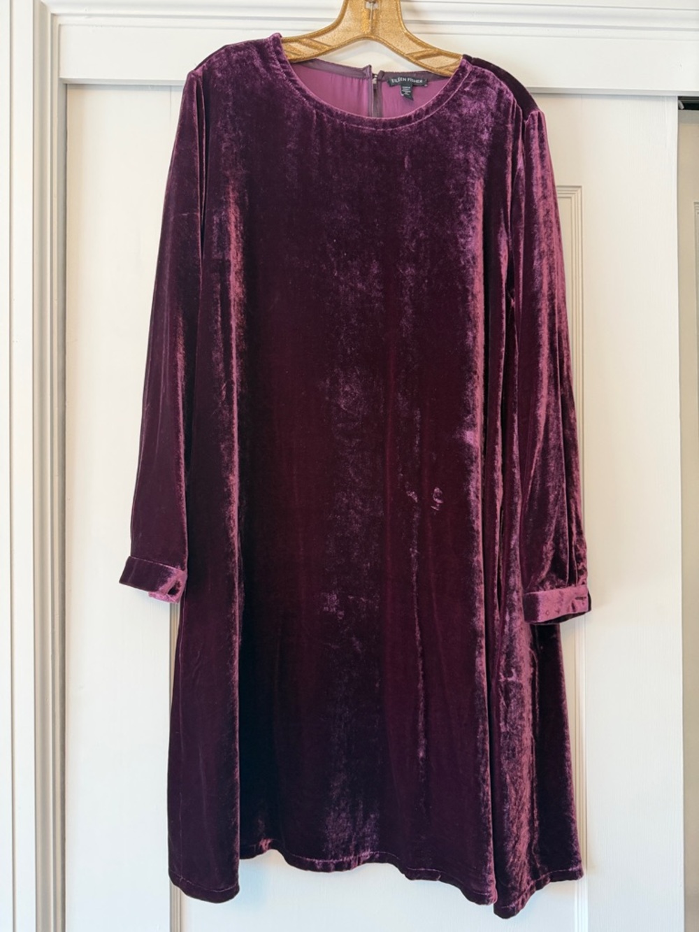 Eileen Fisher Velvet Long Sleeve Shift Dress in Deep Plum